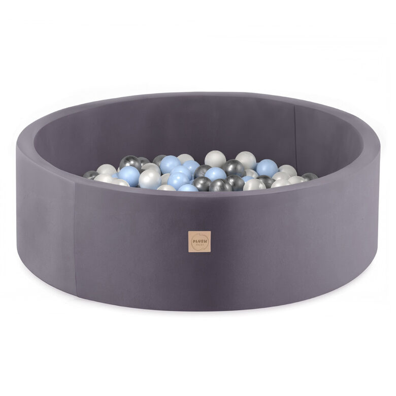 PLUSH NEST Ball pool, gray, round, velour, 90x30, 200 balls: light blue, silver, pearl
